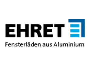 Das Logo von EHRET zeigt schwarze Schrift und ein blaues stilisiertes Fenster mit Balken