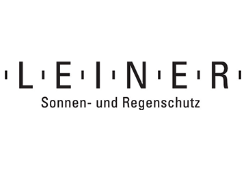 Logo von Leiner mit schwarzem Schriftzug und dem Zusatz Sonnen- und Regenschutz